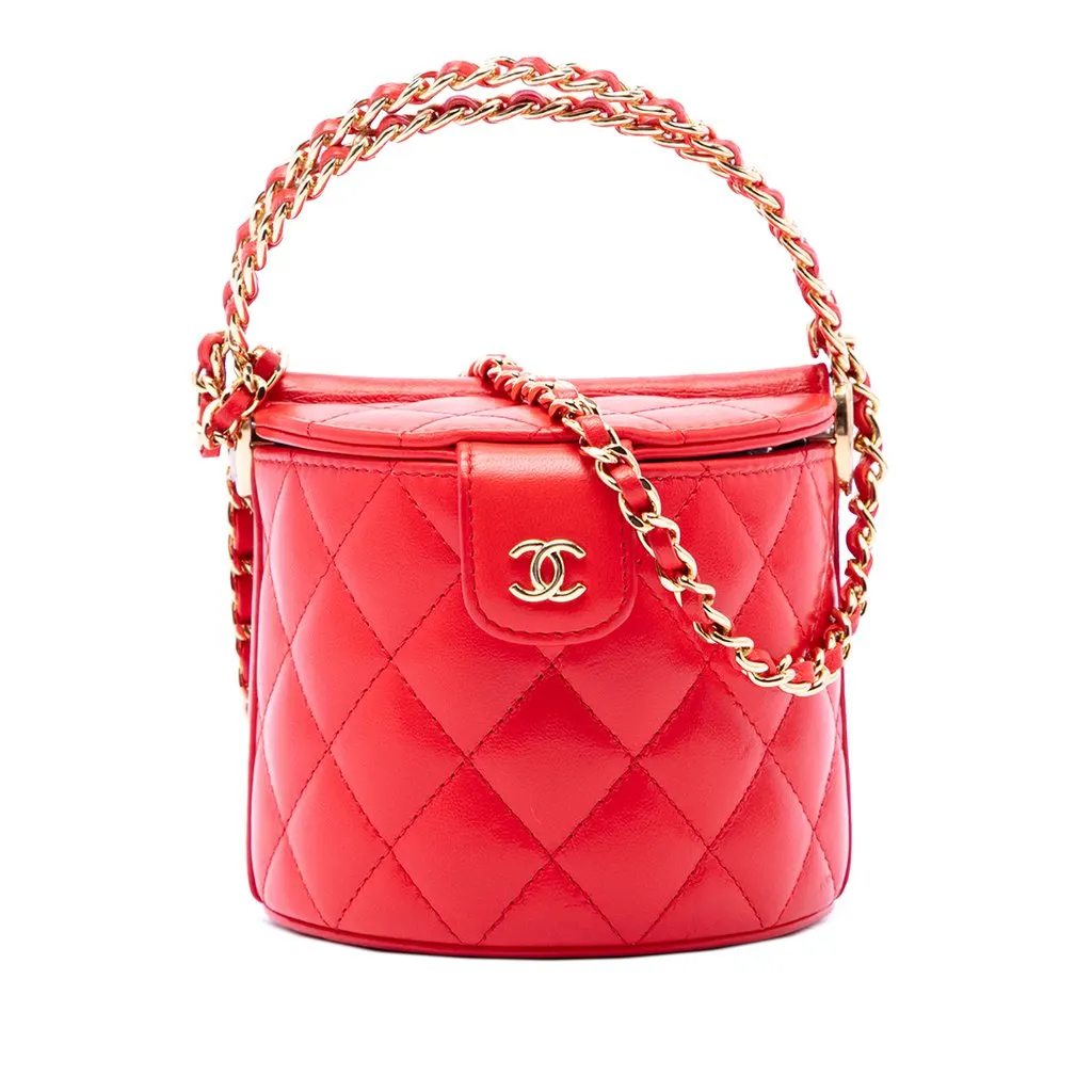 Chanel CC Quilted Lambskin Top Handle Round Vanity Case with Chain Red Leather Very good - Front View
