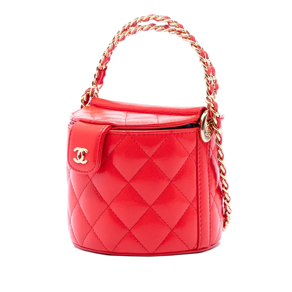 Chanel CC Quilted Lambskin Top Handle Round Vanity Case with Chain Red Leather Very good - Back View