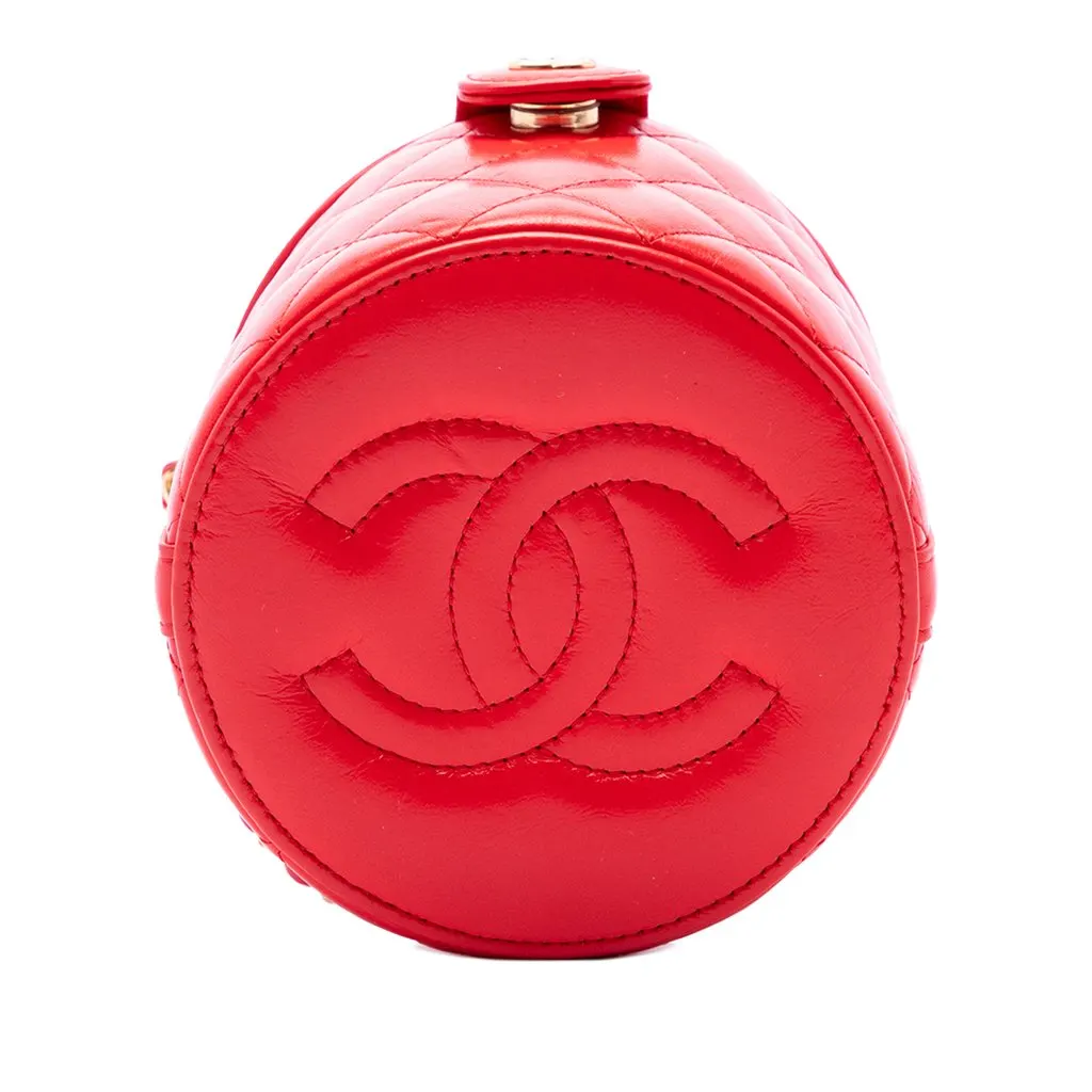 Chanel CC Quilted Lambskin Top Handle Round Vanity Case with Chain Red Leather Very good - Inside View