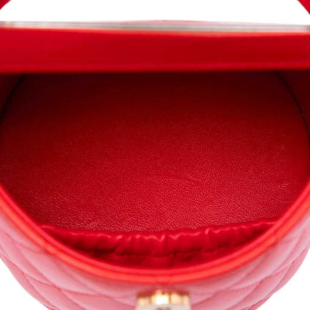 Chanel CC Quilted Lambskin Top Handle Round Vanity Case with Chain Red Leather Very good - Model View