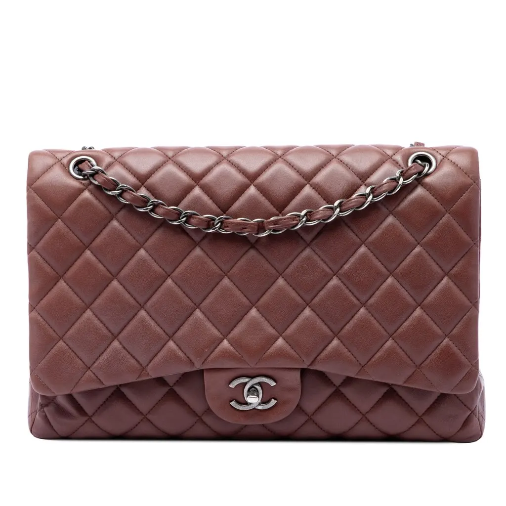 Chanel Maxi Classic Lambskin Single Flap Brown Leather Very good - Front View