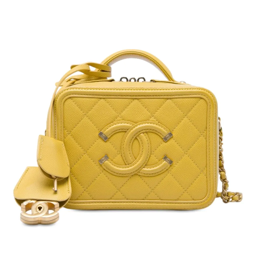 Chanel Small Caviar CC Filigree Vanity Case Yellow Leather Very good - Front View