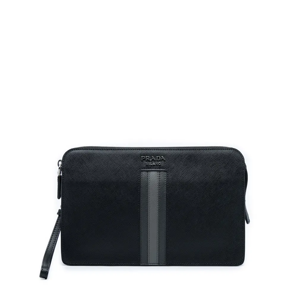 Prada Saffiano Clutch Black Leather Very good - Front View