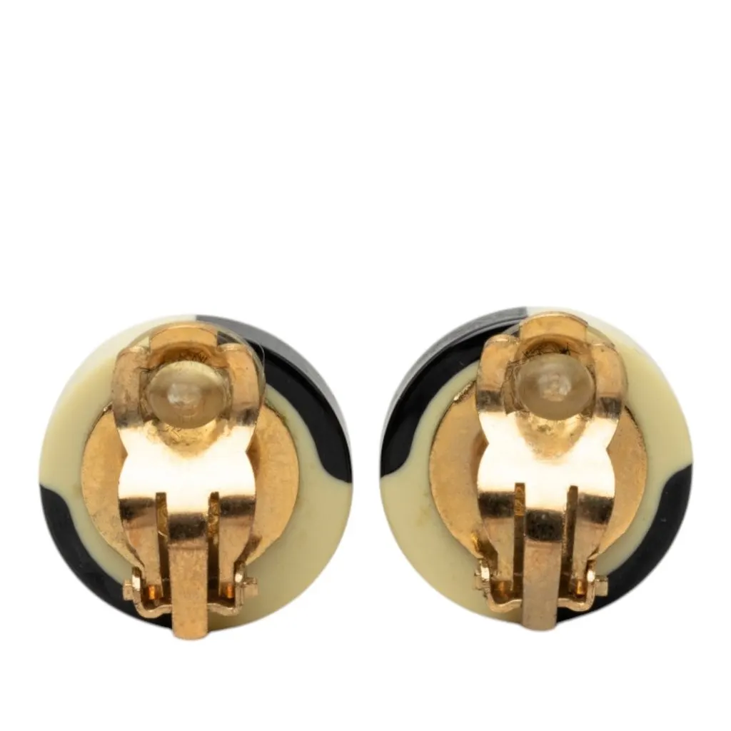 Chanel CC Enamel Checkered Faux Pearl Round Clip On Earrings Black Very good - Back View