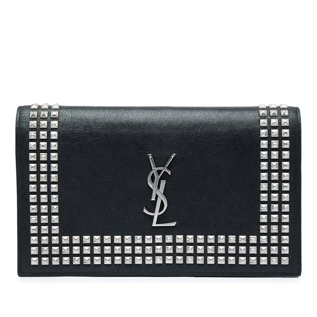 Saint Laurent Studded Leather Monogram Clutch Black Leather Very good - Front View
