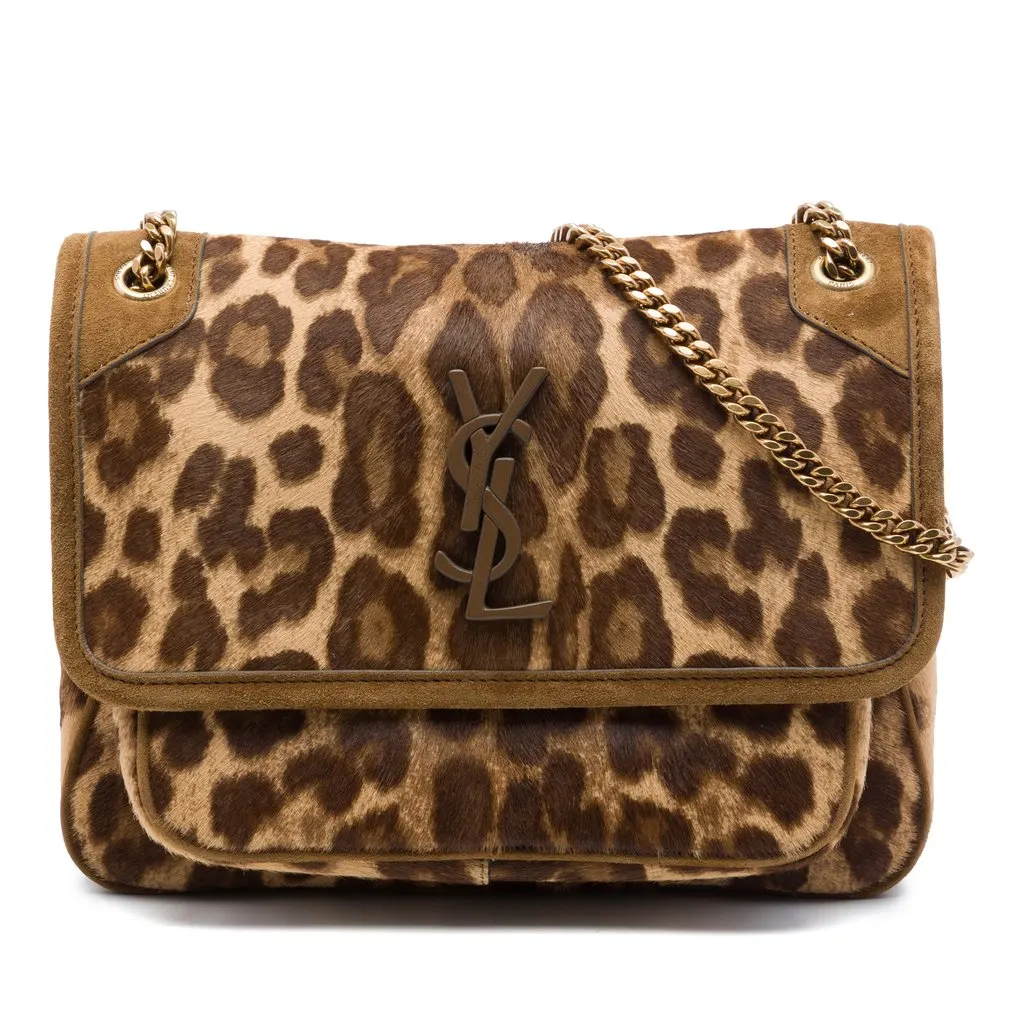 Saint Laurent Baby Pony Hair Leopard Print Niki Brown Leather Very good - Front View