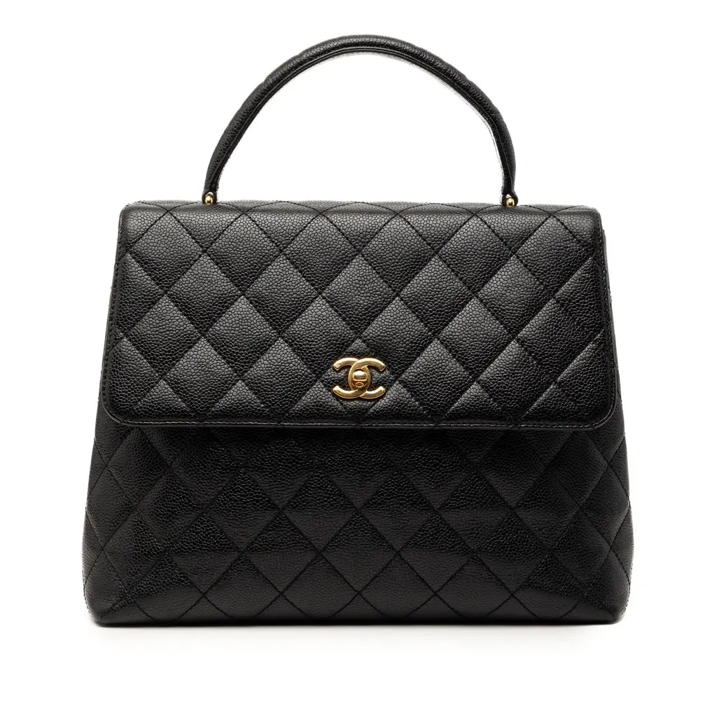 Chanel CC Quilted Caviar Kelly Top Handle Bag Black Leather Very good - Front View