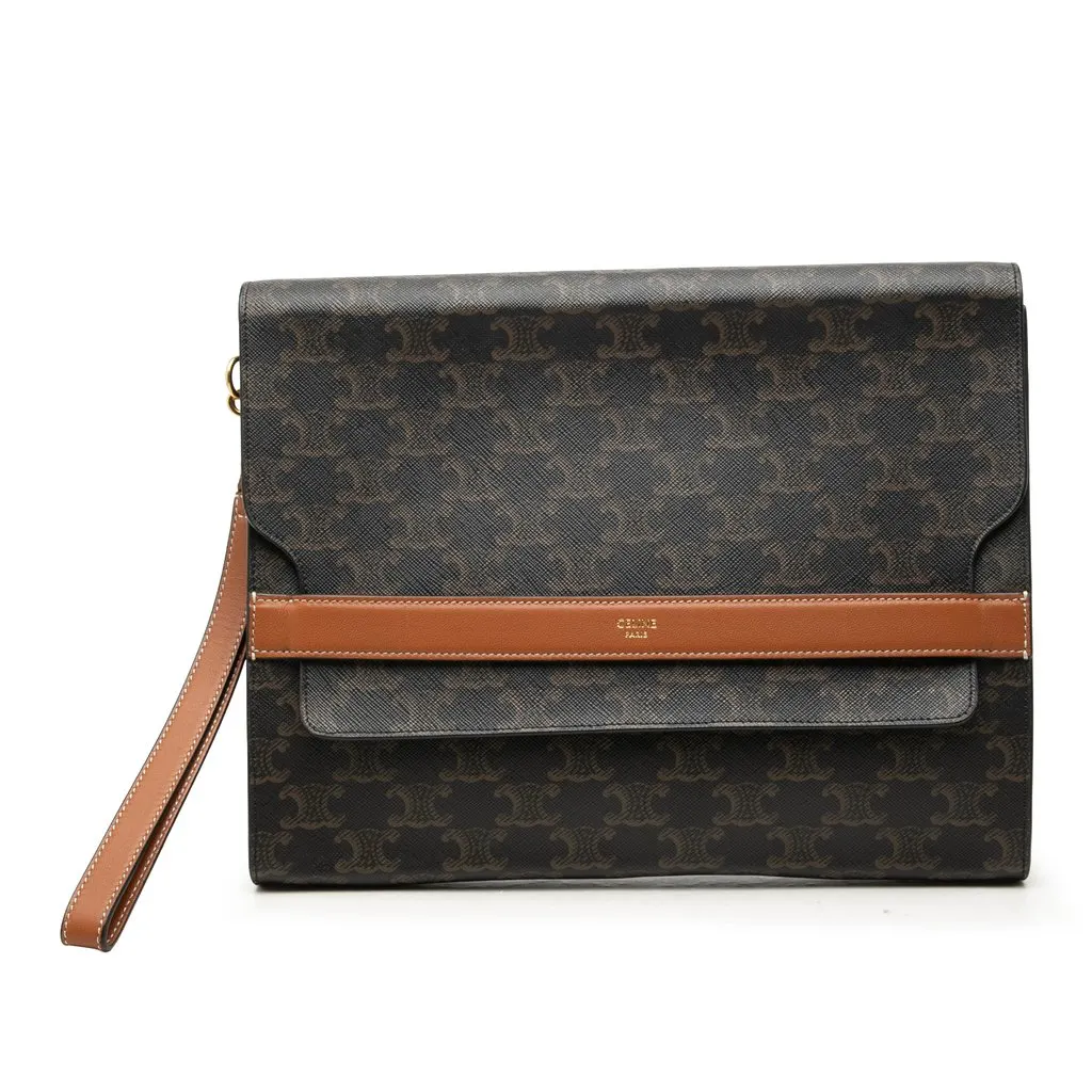 Celine Triomphe Coated Canvas Wristlet Flap Pouch Brown Canvas Good - Front View