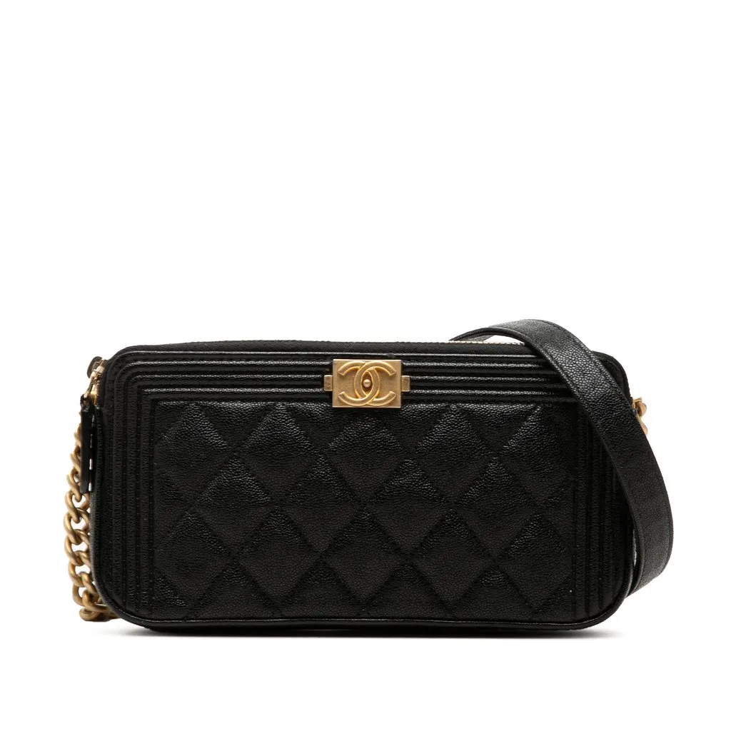 Chanel Quilted Caviar Boy Double Zip Wallet On Chain Black Leather Very good - Front View