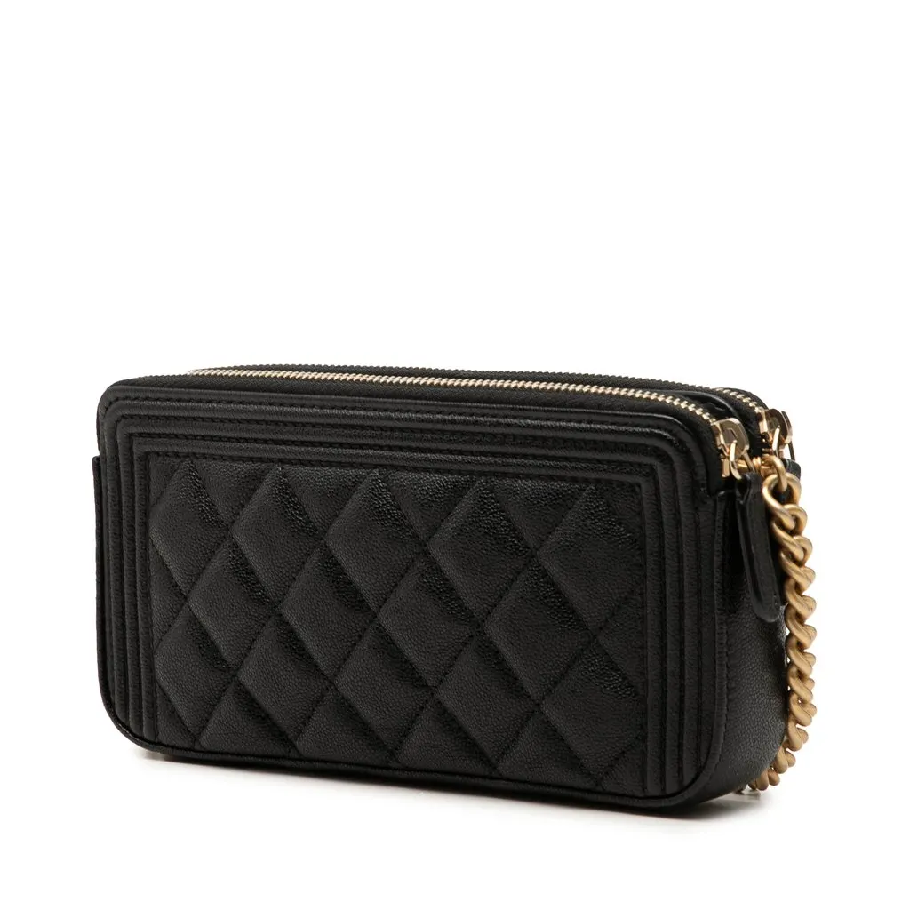 Chanel Quilted Caviar Boy Double Zip Wallet On Chain Black Leather Very good - Back View