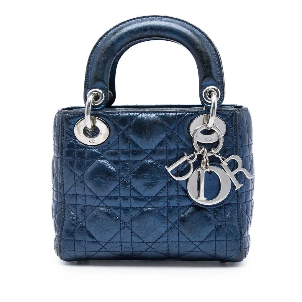 Dior Mini Metallic Calfskin Cannage Lady Dior Blue Leather Very good - Front View