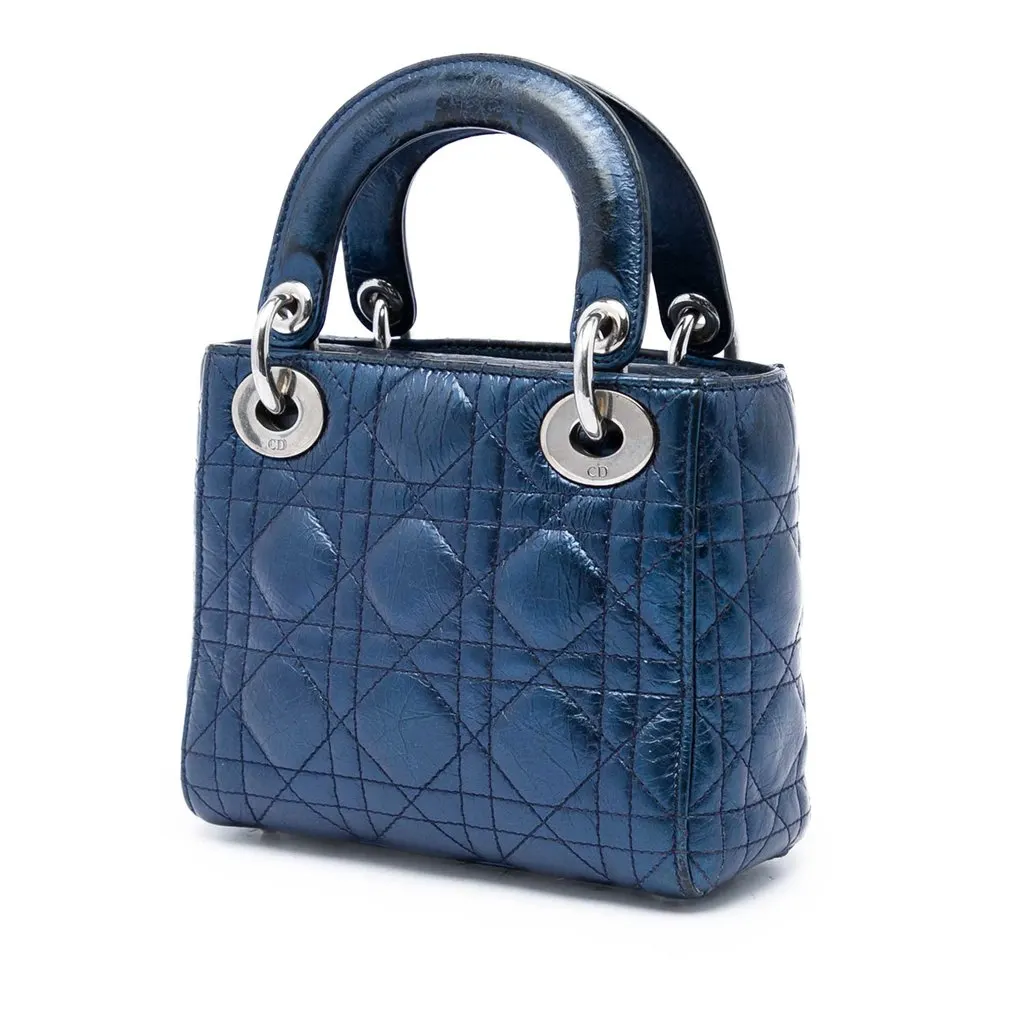 Dior Mini Metallic Calfskin Cannage Lady Dior Blue Leather Very good - Back View
