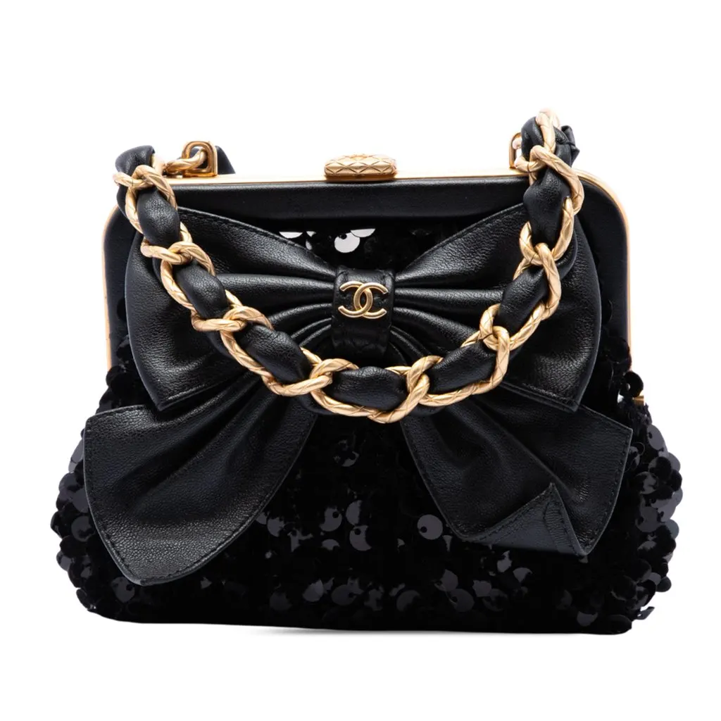 Chanel Tweed and Lambskin Sequin Bow Clutch With Chain Black Tweed Very good - Front View