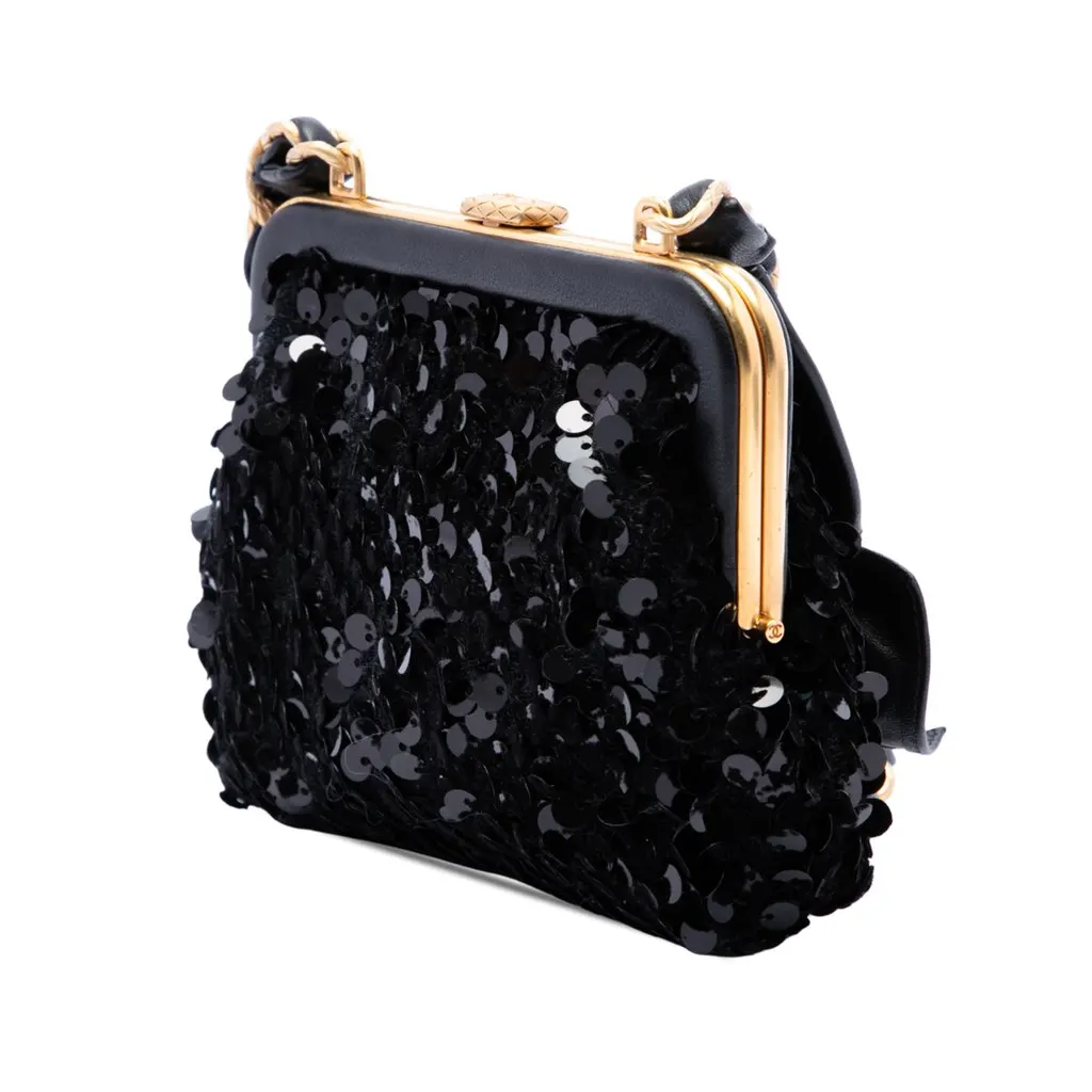 Chanel Tweed and Lambskin Sequin Bow Clutch With Chain Black Tweed Very good - Back View