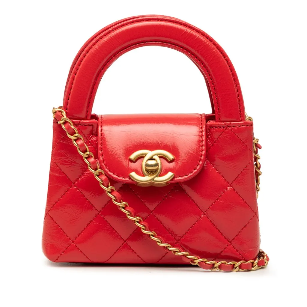 Chanel Mini Nano Shiny Aged Calfskin Kelly Shopper Bag Red Leather Very good - Front View