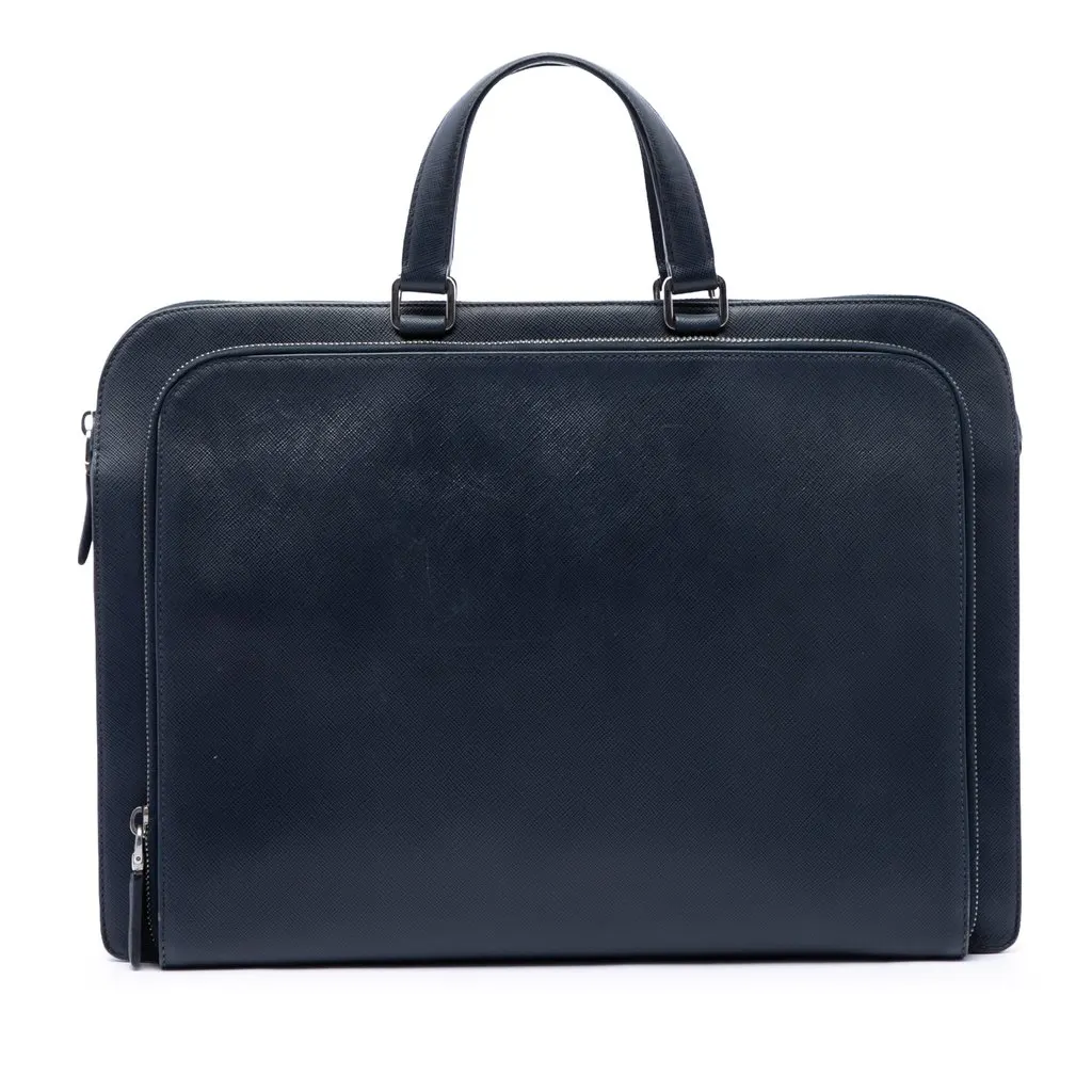 Prada Saffiano Travel Briefcase Blue Leather Good - Front View