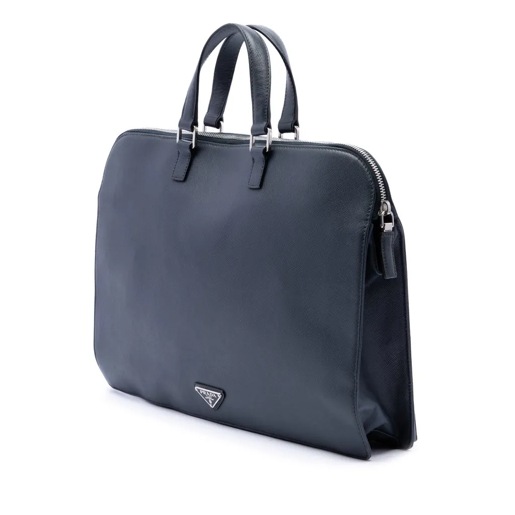 Prada Saffiano Travel Briefcase Blue Leather Good - Back View