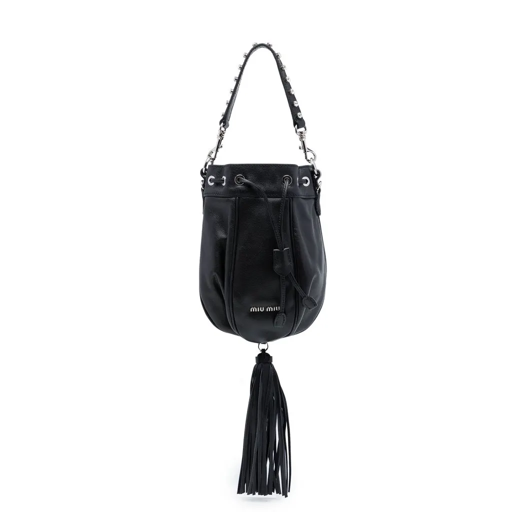 Miu Miu Nappa Crystal Embellished Handle Bucket Bag Black Leather Very good - Front View
