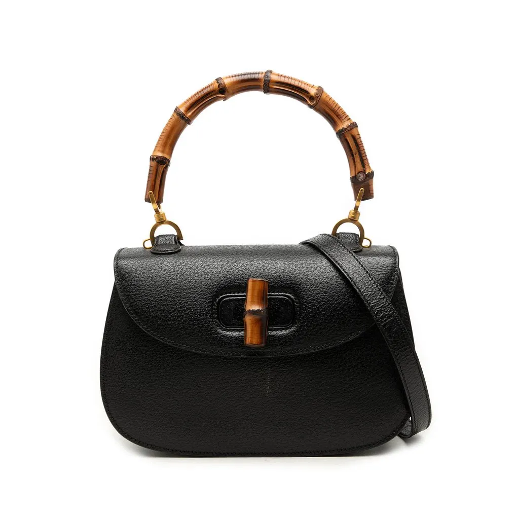 Gucci Grained Calfskin Bamboo Night Black Leather Very good - Front View