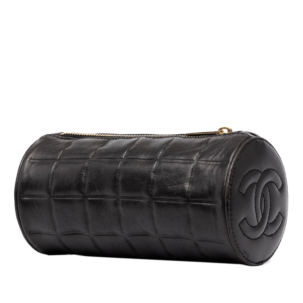 Chanel CC Chocolate Bar Lambskin Barrel Cosmetic Pouch Black Leather Good - Back View