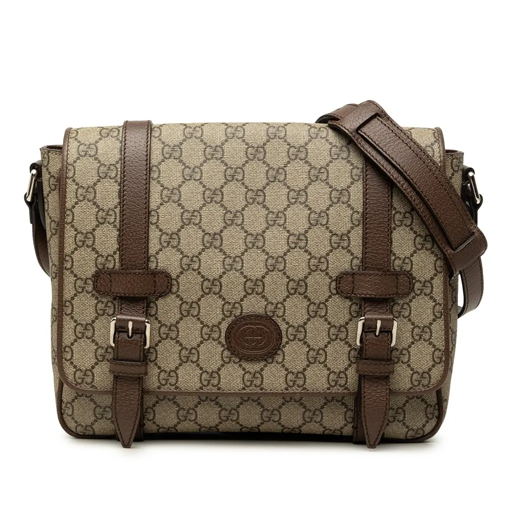 Gucci GG Supreme Textured Dollar Calfskin Retro Interlocking G Flap Messenger Bag Beige Canvas Very good - Front View