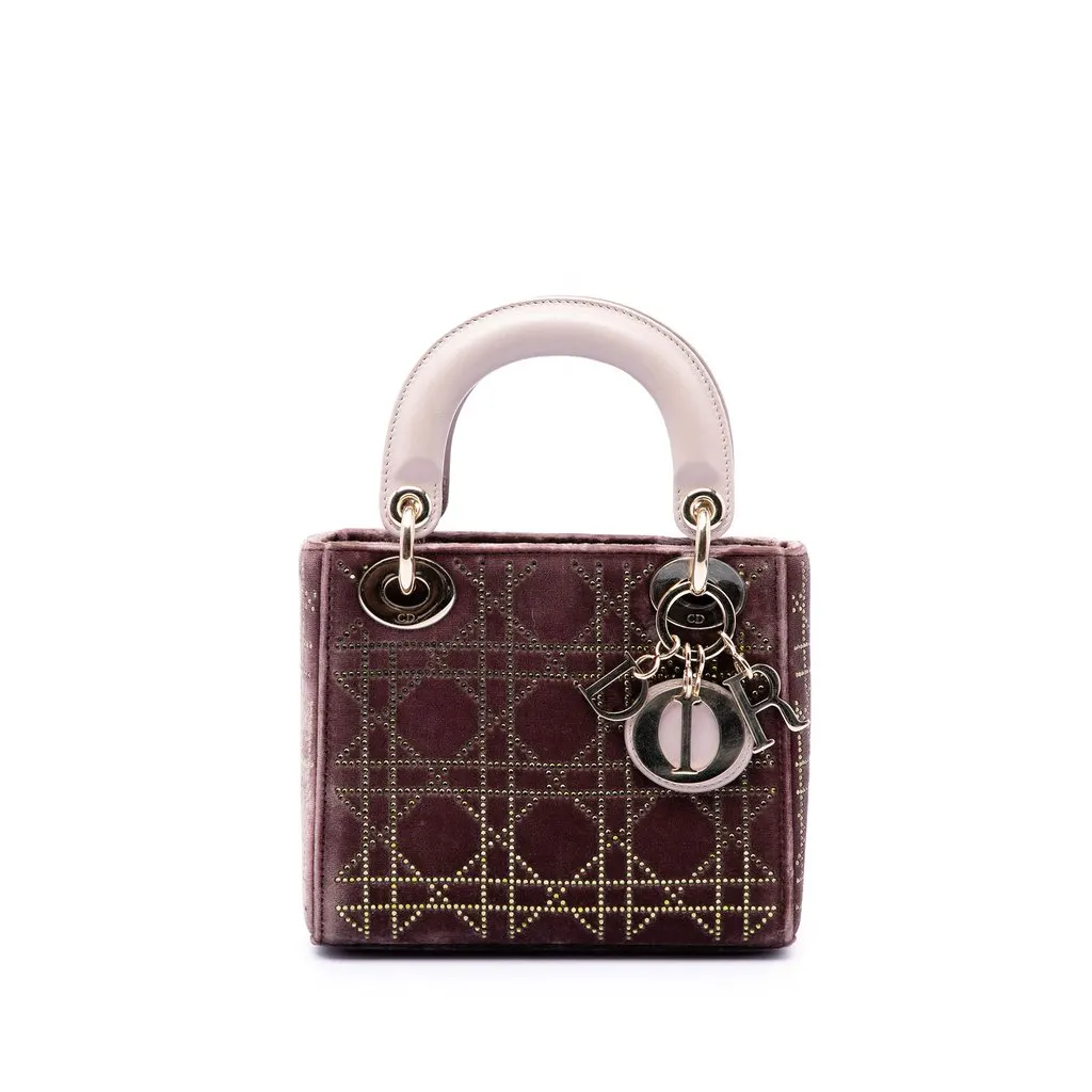 Dior Mini Bicolor Velvet Cannage Strass Embellished Lady Dior Red Very good - Front View
