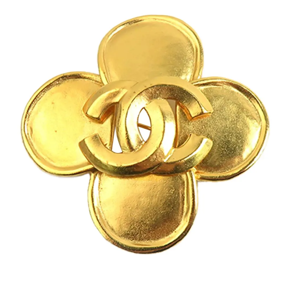 Chanel CC Gold Plated Clover Brooch Gold Metal Very good - Front View