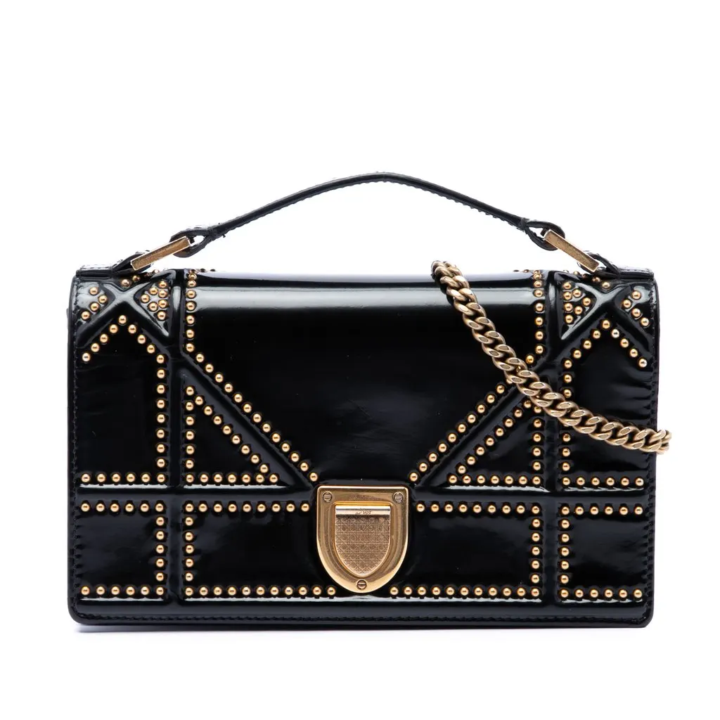 Dior Studded Patent Diorama Top Handle Wallet on Chain Black Leather Very good - Front View