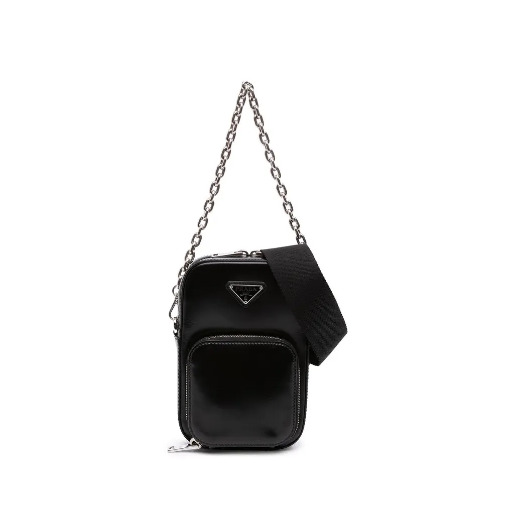 Prada Mini Brushed Leather Phone Pouch Black Leather Good - Front View