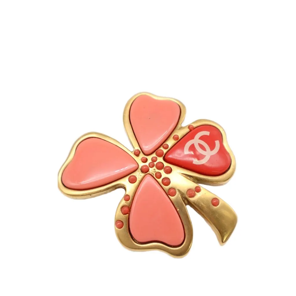 Chanel CC Gold Plated Resin Four Leaf Clover Brooch Gold Metal Very good - Inside View