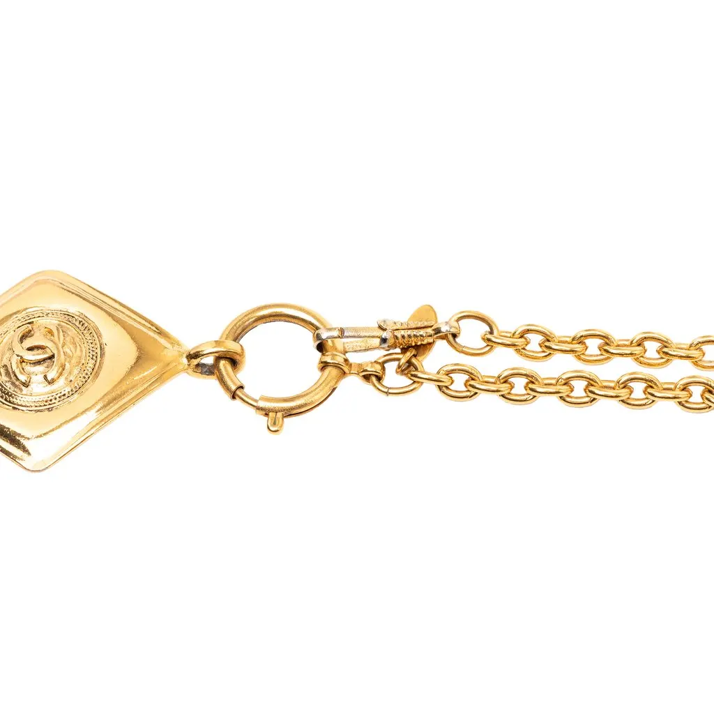 Chanel CC Gold Plated Diamond Shape Pendant Necklace Gold Metal Very good - Box View