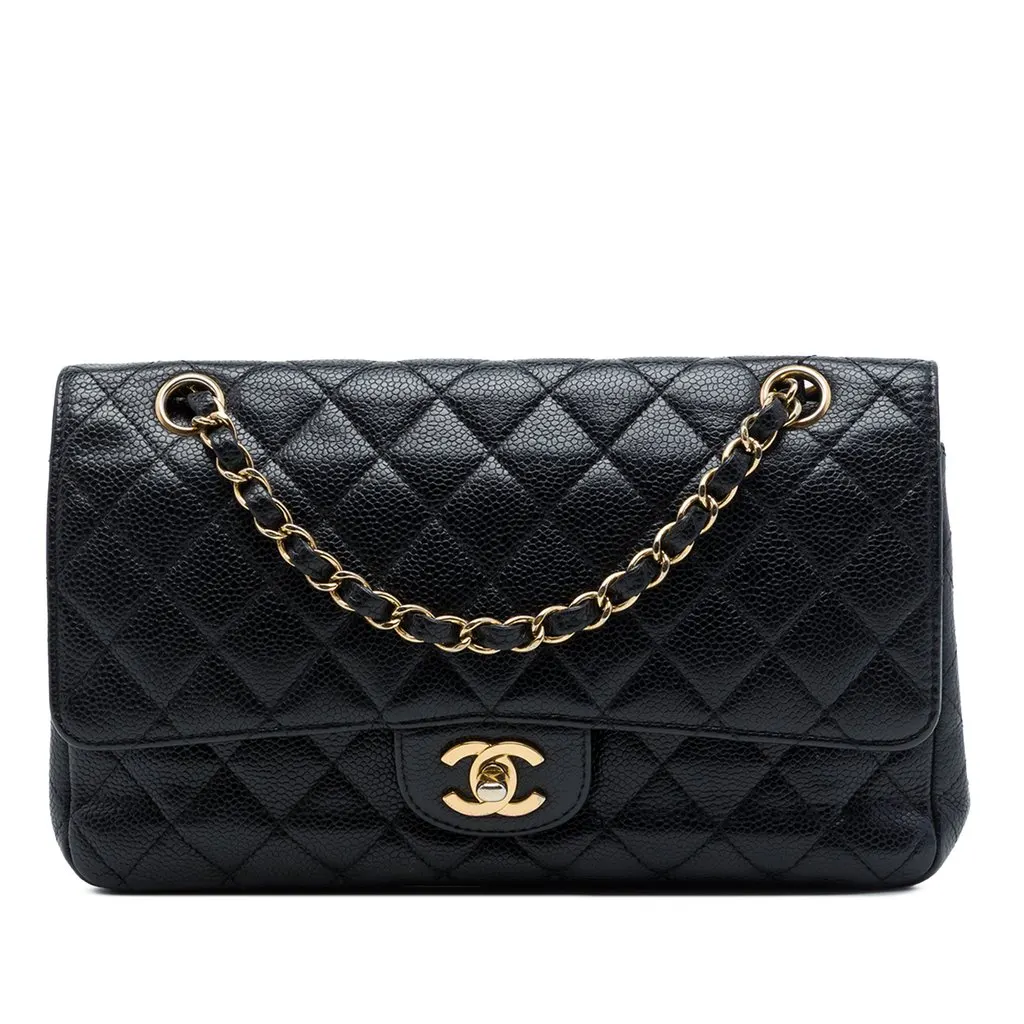 Chanel Medium Classic Caviar Double Flap Black Leather Very good - Front View