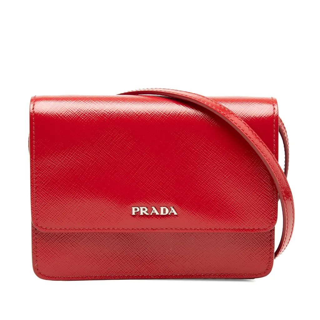 Prada Saffiano Vernice Crossbody Red Leather Very good - Front View