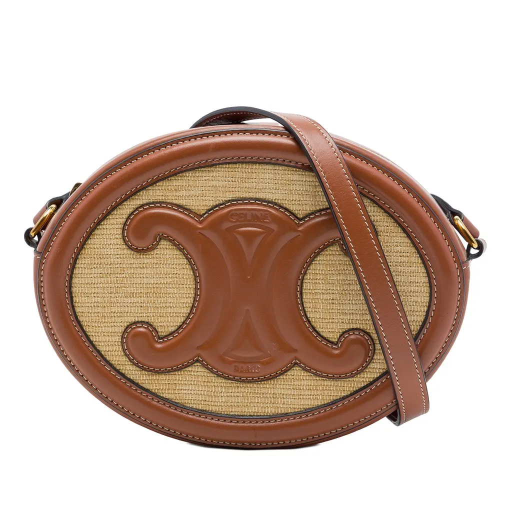 Celine Straw Effect Canvas Cuir Triomphe Oval Crossbody