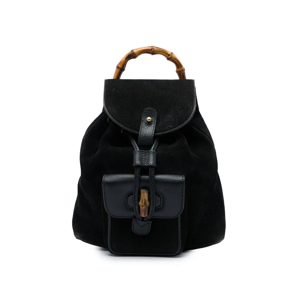 Gucci Suede Bamboo Drawstring Backpack Black Suede Good - Front View