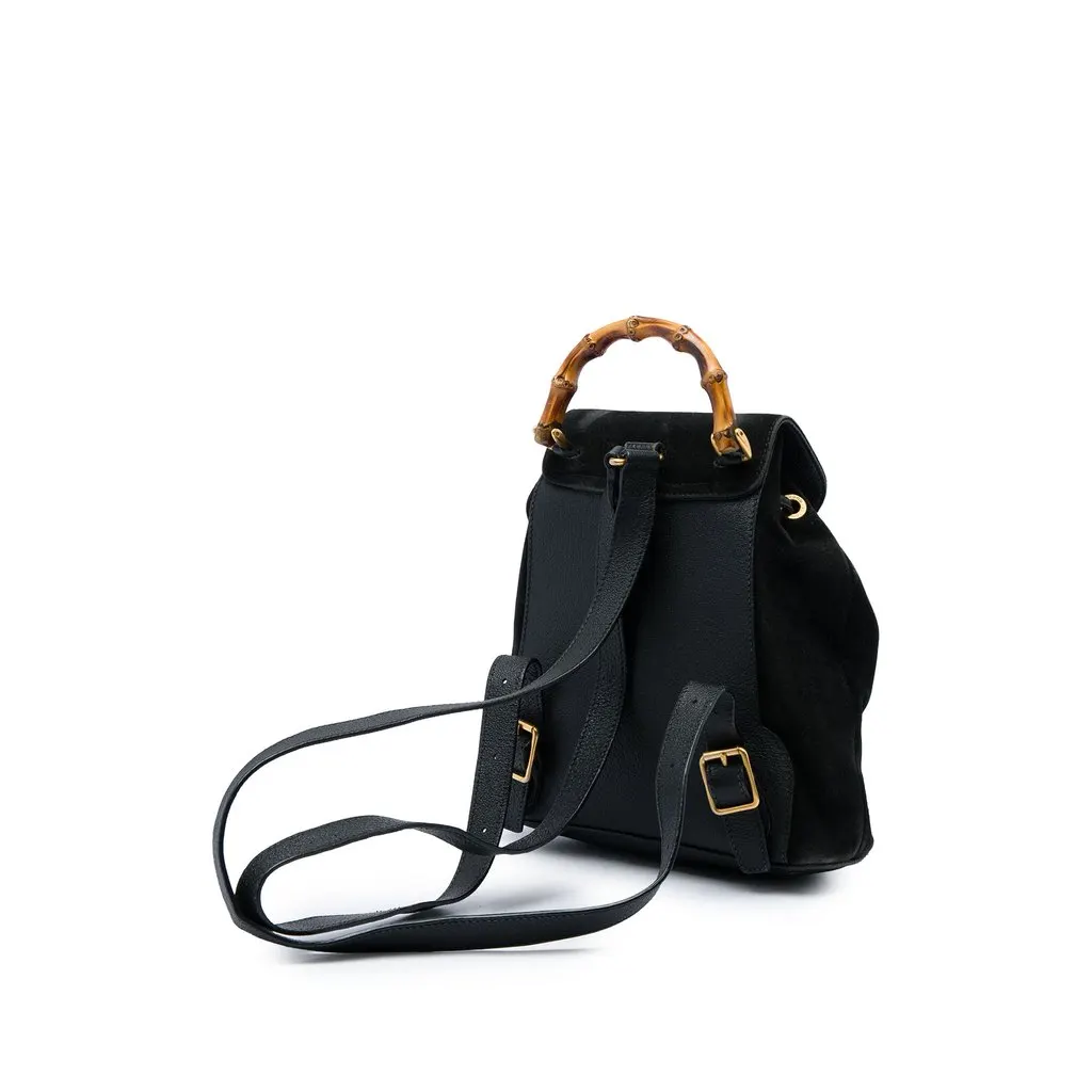 Gucci Suede Bamboo Drawstring Backpack Black Suede Good - Back View