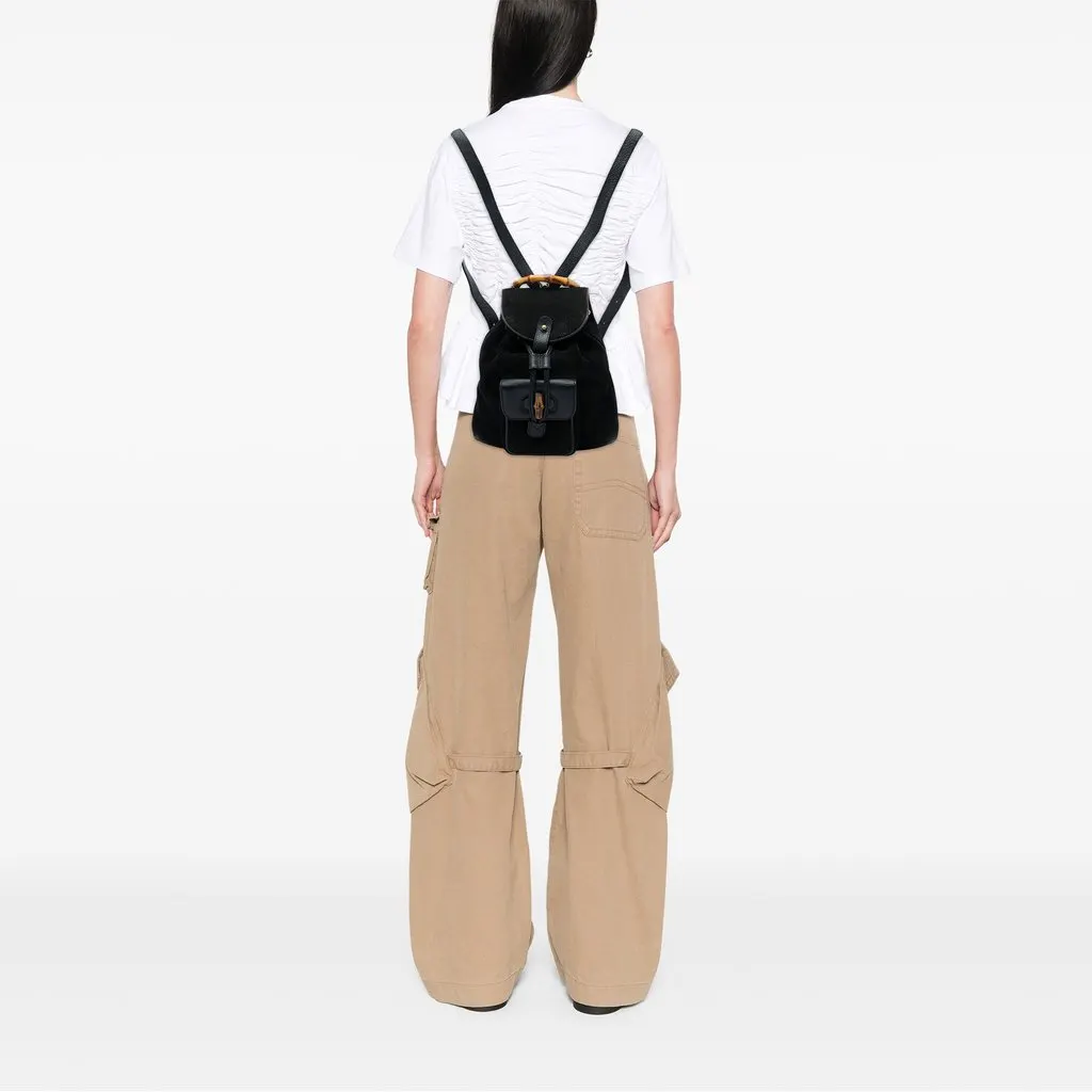 Gucci Suede Bamboo Drawstring Backpack Black Suede Good - Box View