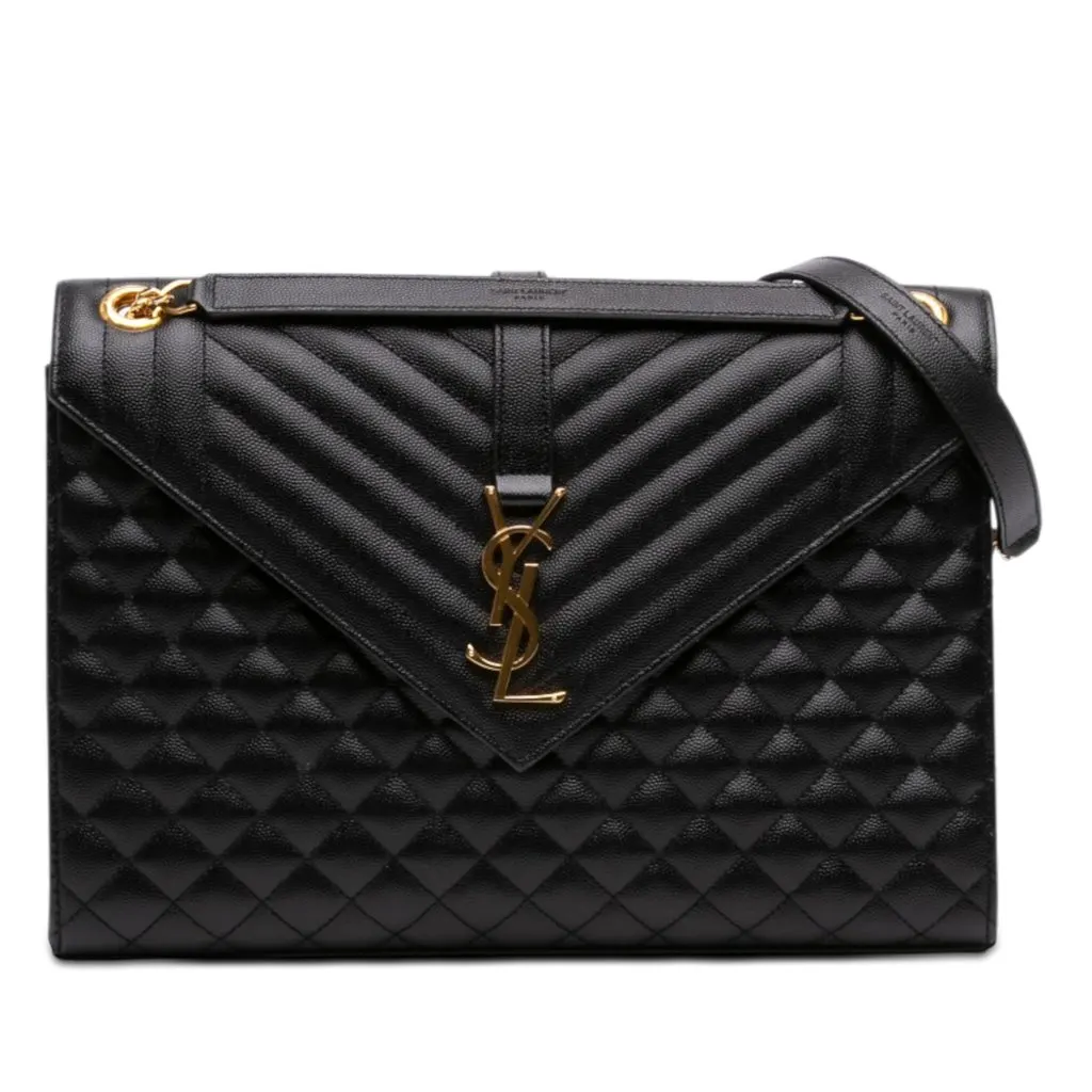 Saint Laurent Medium Grain De Poudre Triquilt Monogram Envelope Bag Black Leather Very good - Front View