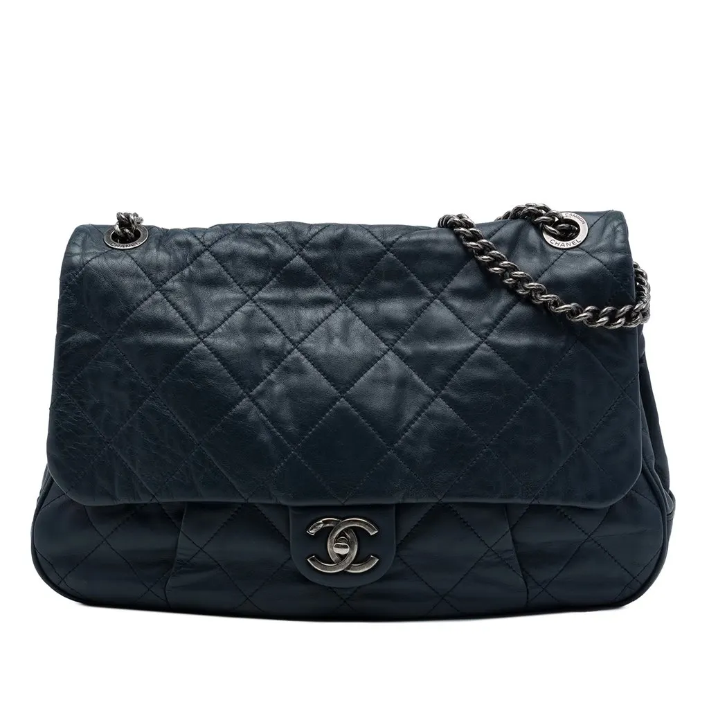 Chanel Quilted Calfskin Coco Pleats Flap Blue Leather Very good - Front View