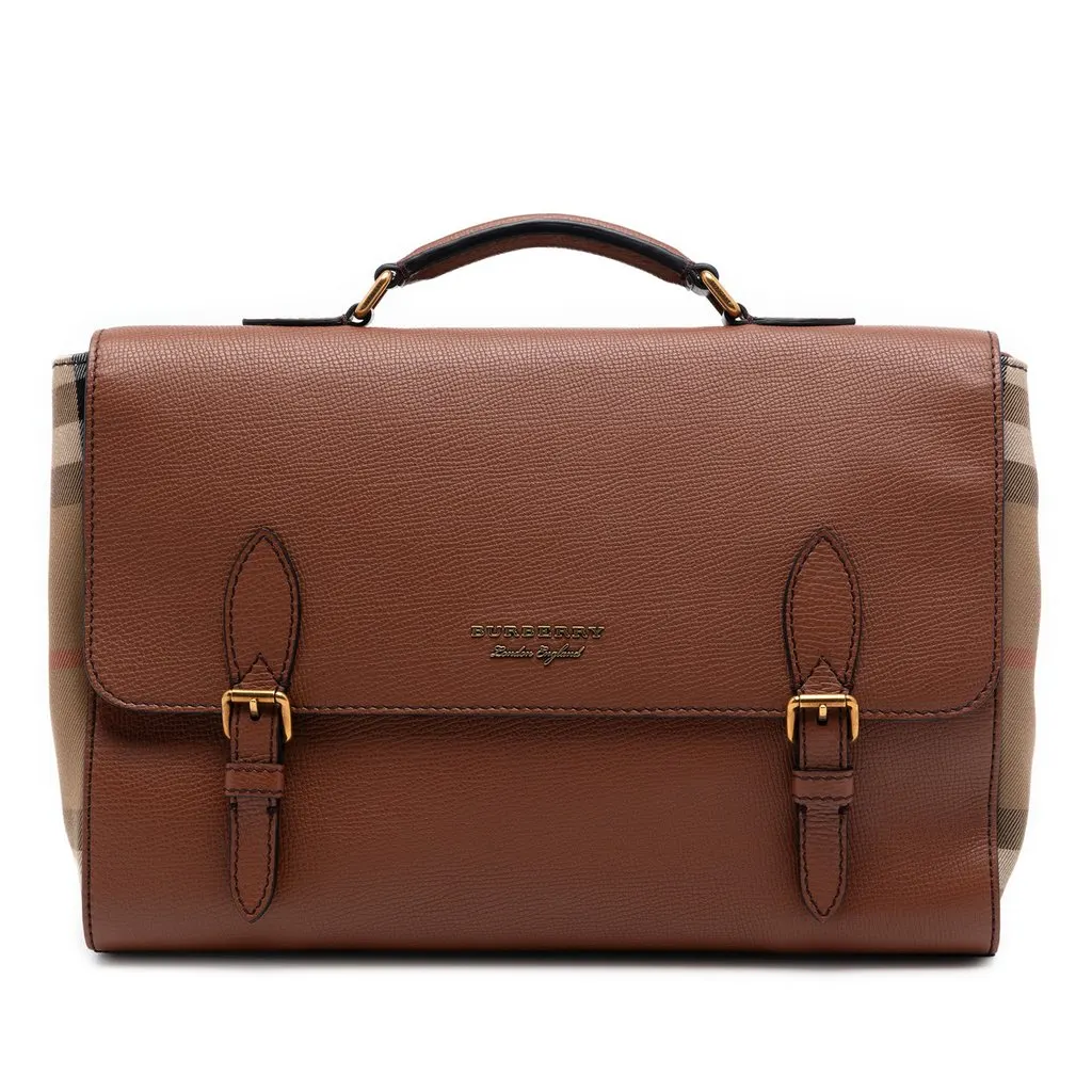 Burberry Leather and House Check Canvas Ethan Business Bag Brown Leather Very good - Front View