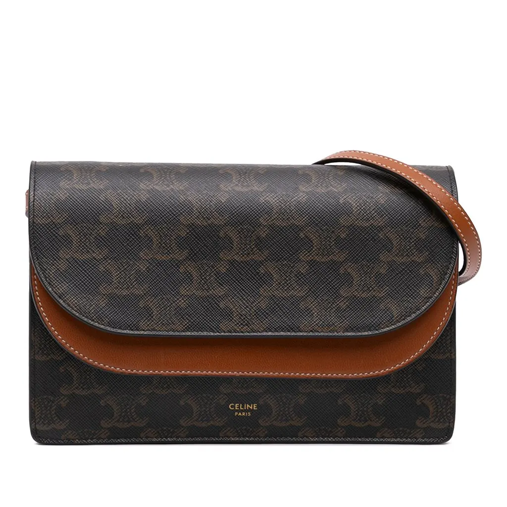 Celine Triomphe Coated Canvas Wallet On Strap Brown Very good - Front View