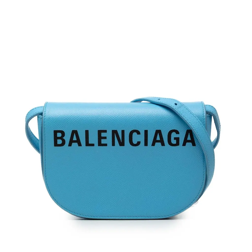 Balenciaga Grained Calfskin Logo Ville Day Crossbody XS Blue Leather Very good - Front View