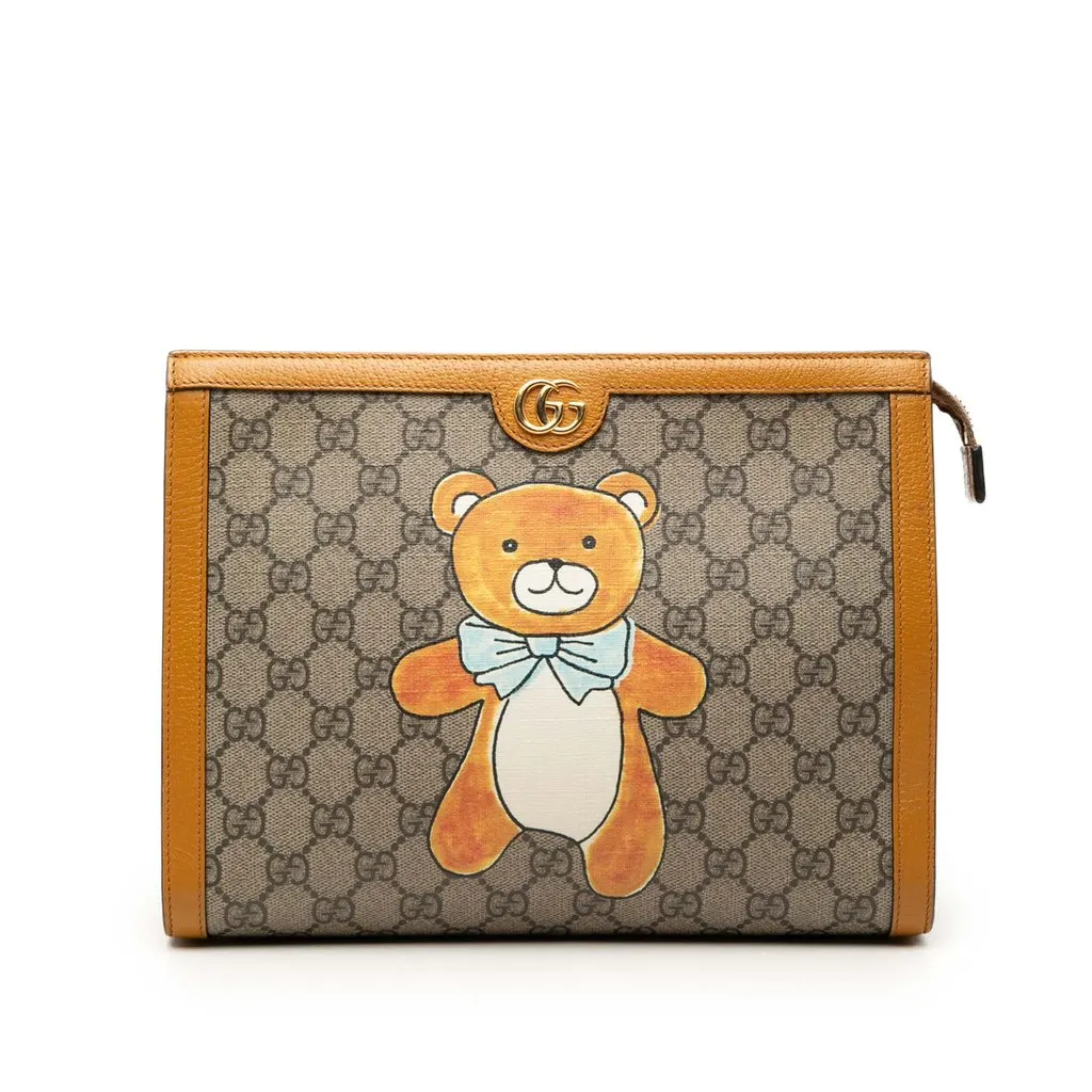Gucci Kai GG Supreme Teddy Bear Clutch Beige Very good - Front View