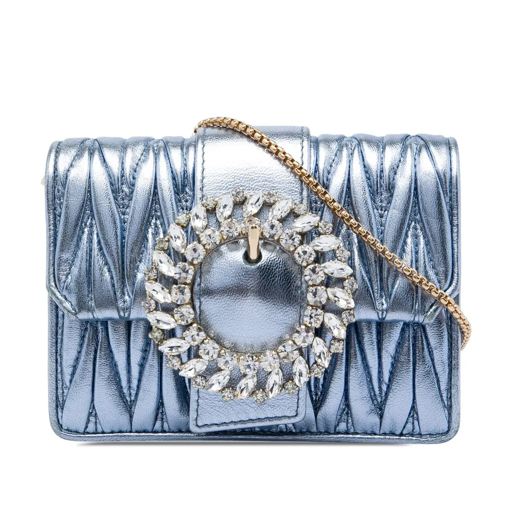 Miu Miu Mini Matelasse Metallic Nappa Crystal Embellished Crossbody Blue Leather Very good - Front View