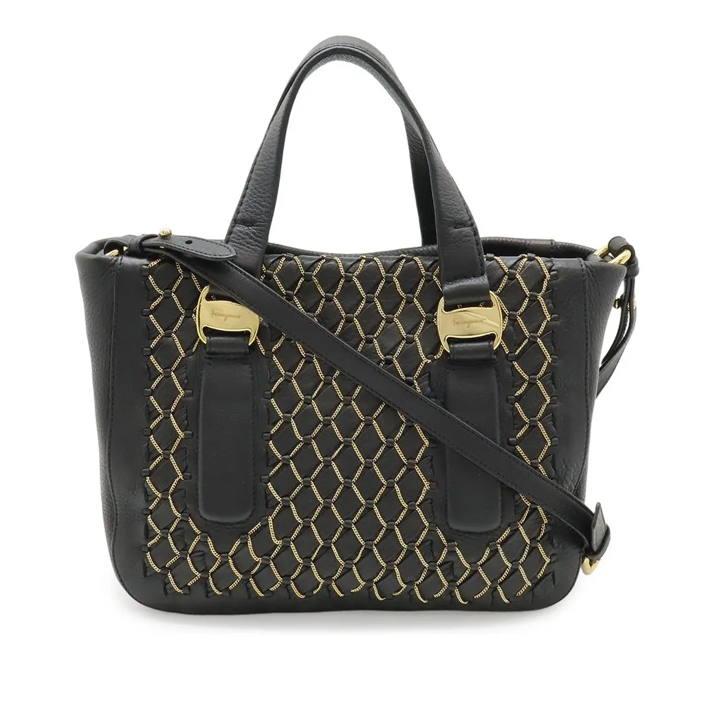 Ferragamo Leather Vara Chain Link Satchel Black Leather Very good - Front View
