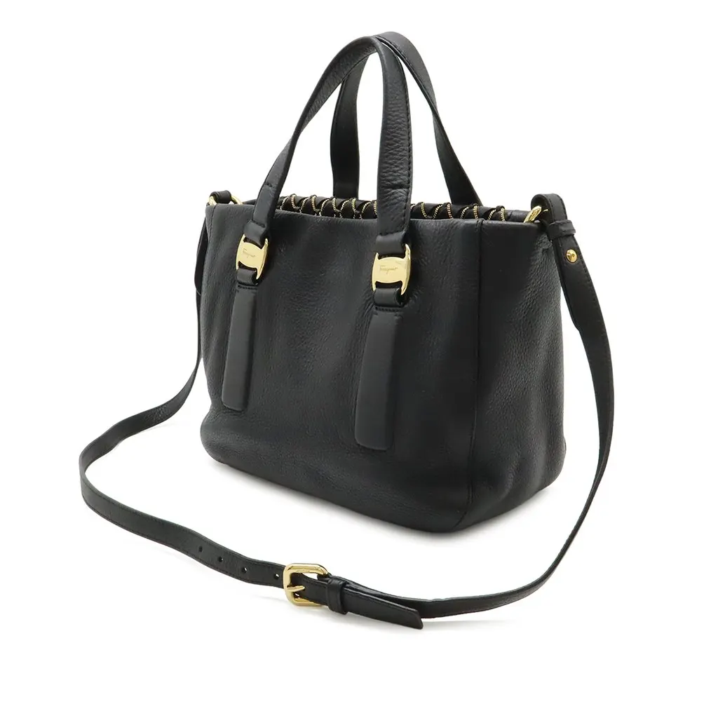 Ferragamo Leather Vara Chain Link Satchel Black Leather Very good - Back View