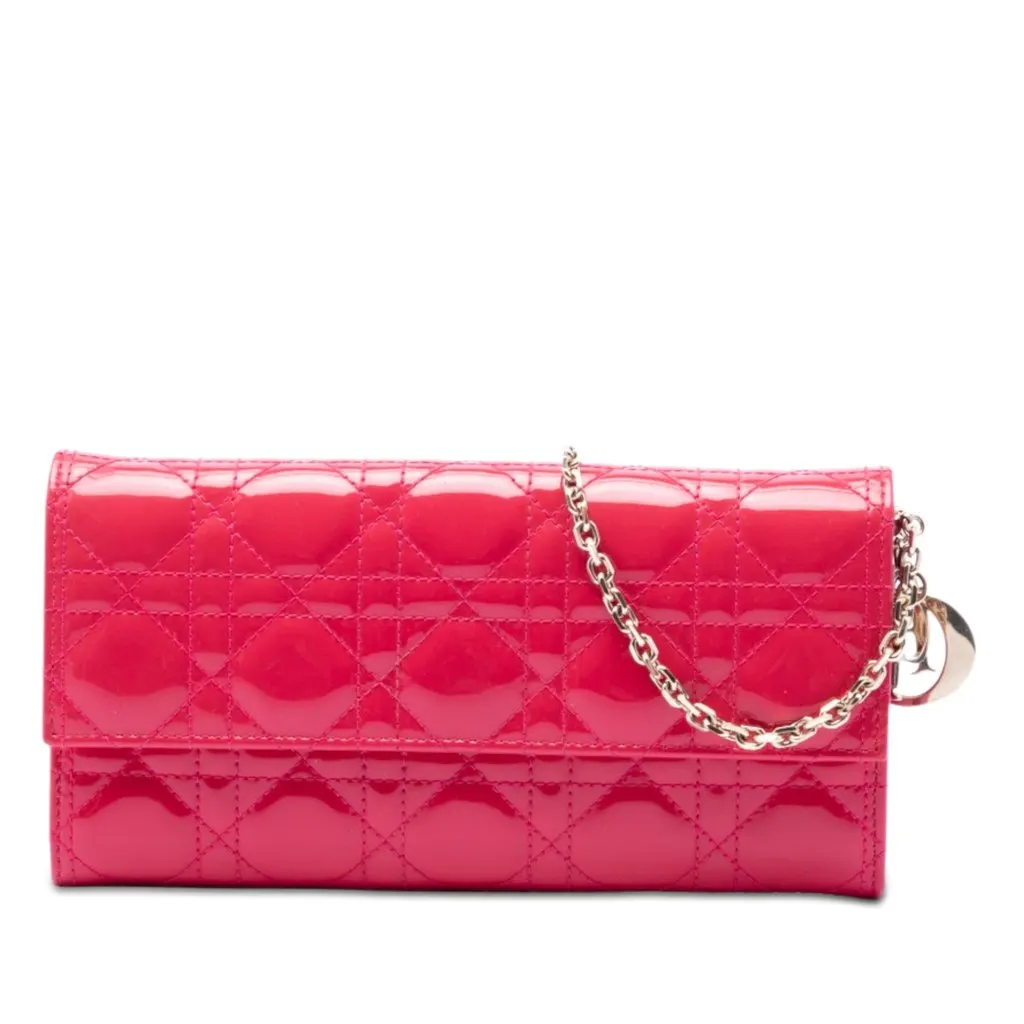 Dior Patent Cannage Lady Dior Wallet On Chain Pink Leather Very good - Front View