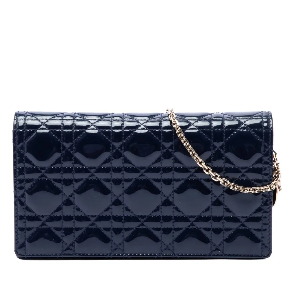 Dior Patent Cannage Lady Dior Pouch with Chain Blue Leather Very good - Front View
