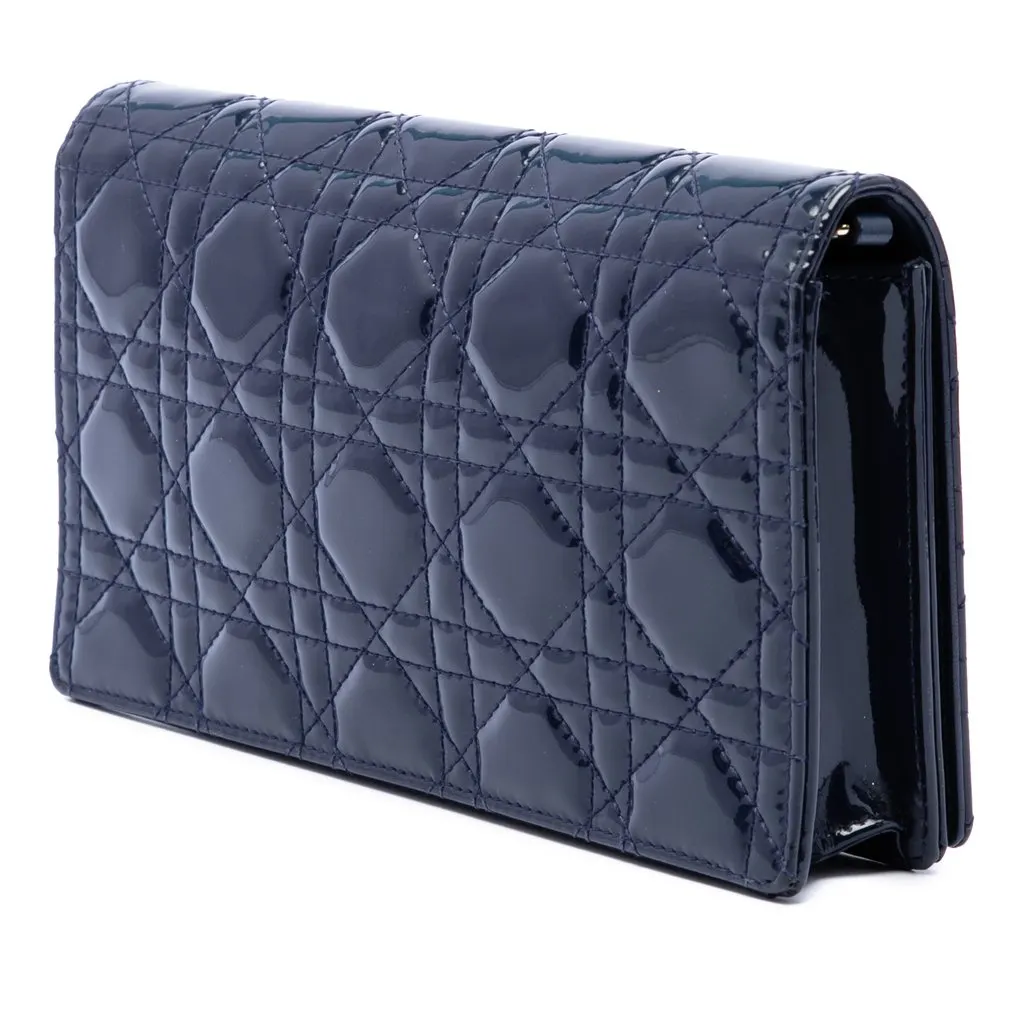 Dior Patent Cannage Lady Dior Pouch with Chain Blue Leather Very good - Back View