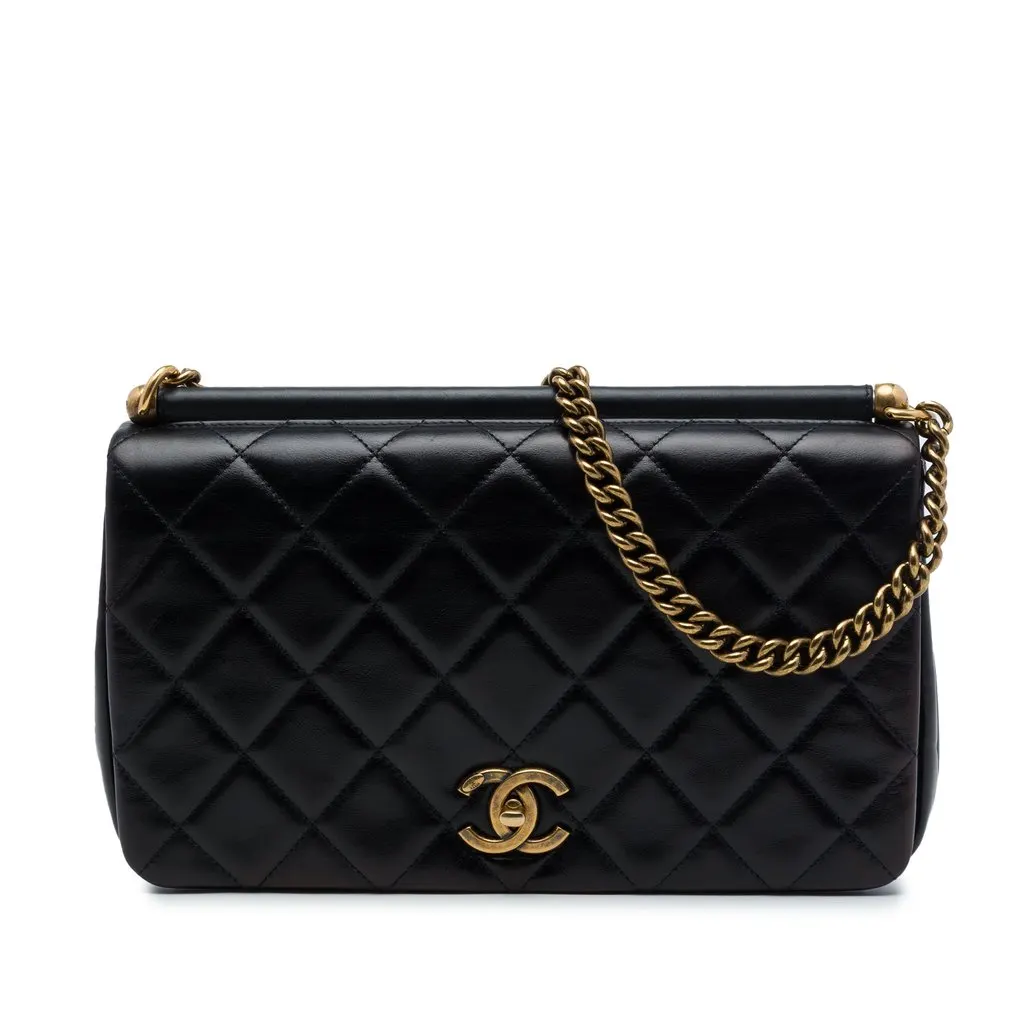 Chanel Paris Rome Quilted Lambskin Gold Bar Flap Black Leather Very good - Front View